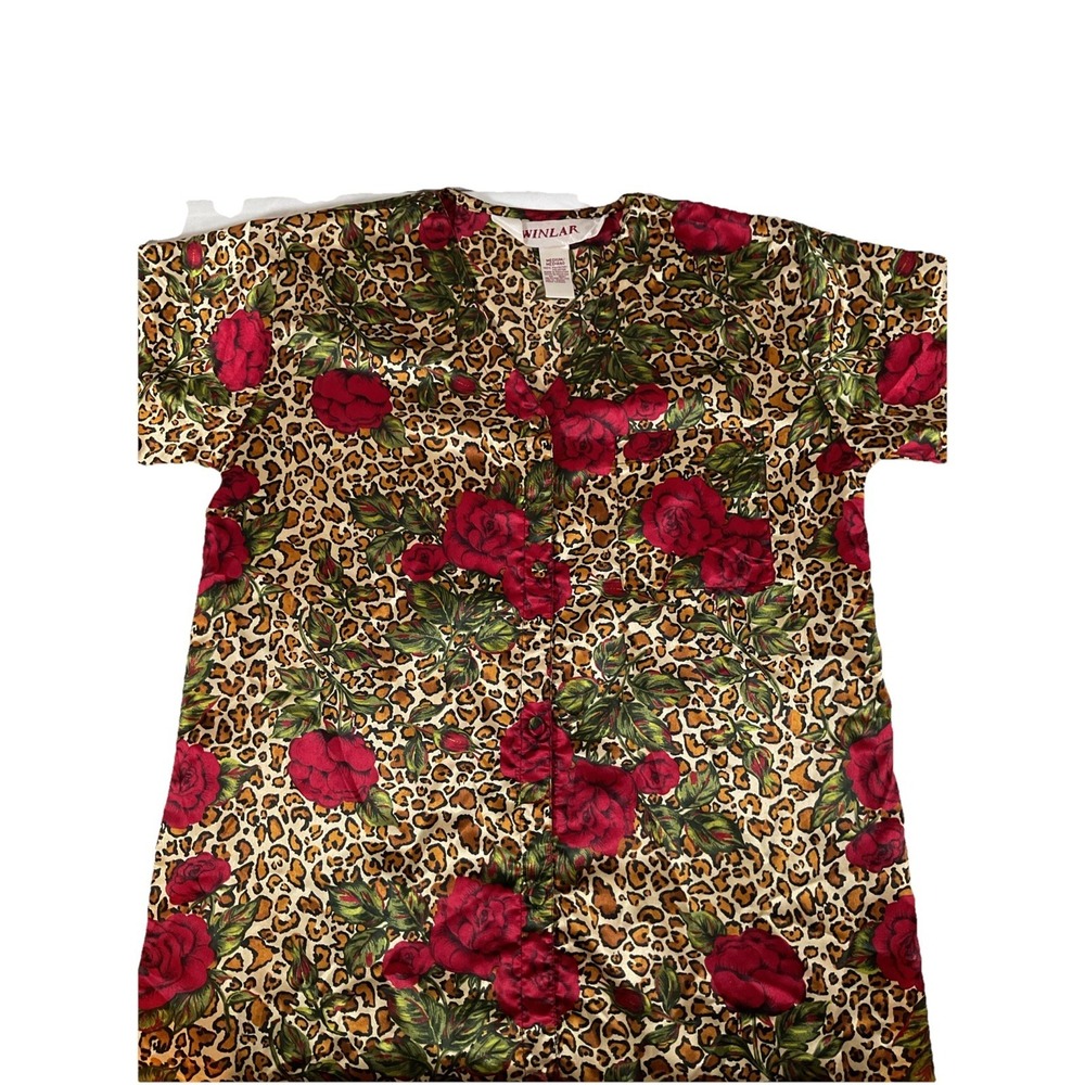 Winlar Satin Caftan Brown Rose‎ Print Red Roses Womens Size M.  F36
